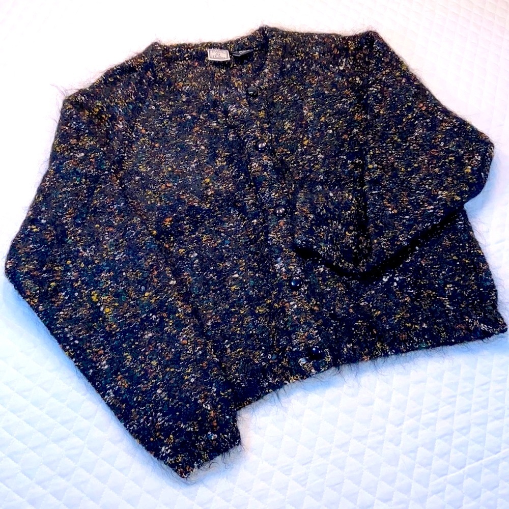 Paul & Duffier Mohair and Acrylic Button Cardigan. Black & Multi Colors. Sz LG.